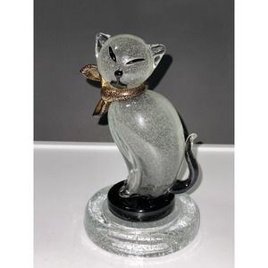Alfredo Barbini Murano Pulegoso Gray Gold Flecks Italian Art Glass Kitty Cat